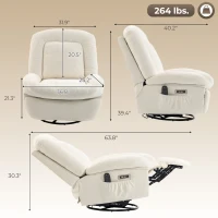 HOMCOM Oversized Power Recliner Chair with Massage and Heat, USB Port, Overstuffed Chenille Swivel Rocker Recliner, Cream White(m-3)
