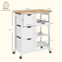 HOMCOM Rolling Kitchen Cart, Kitchen Island with Wood Top, Shelves & Drawers for Dining Area, White(m-3)