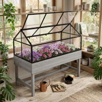 Outsunny Elevated Garden Bed with Cold Frame Greenhouse, Wooden Raised Planter Box for Indoor Seed Starting, Herbs, Vegetables and Flowers, Distressed Grey(m-8)