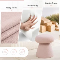 Cozy Mushroom Ottoman with Teddy Upholstery and 360° Swivel, Chic Footstool with Non-Slip Feet and No Assembly, 16'' L x 16" W x 17.5" H, Pink(m-6)