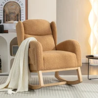 Elegant Teddy Fabric Rocking Chair with Ergonomic Backrest, Modern Lounge Chair with Wooden Frame and Legs, 38'' L x 28" W x 40" H, Khaki(m-5)
