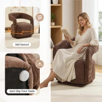 Elegant Swivel Accent Armchair with Curved Backrest, Soft Chenille Barrel Chair with 360° Rotation, Foam Seat, 27.5'' L x 25.5" W x 29" H, Brown(m-8)