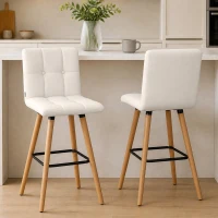 HOMCOM Modern Bar Stools Set of 2, 38" Upholstered Kitchen Island Stool with Solid Wood Legs, White(m-1)