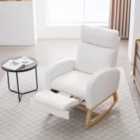 Cozy Teddy Fabric Rocking Chair with Adjustable Footstool, Ergonomic Nursery Chair for Living Room, 35-49'' L x 27.5"W x 40-41.5" H, White(m-5)