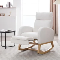 Cozy Teddy Fabric Rocking Chair with Adjustable Footstool, Ergonomic Nursery Chair for Living Room, 35-49'' L x 27.5"W x 40-41.5" H, White(m-11)