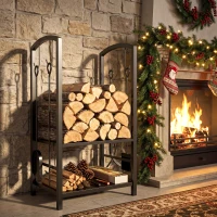 Outsunny 2-Tier Firewood Log Rack with 4 Tools, Fireplace Wood Storage Holder with Shovel, Broom, Poker, Tongs and Hooks, Black(m-10)