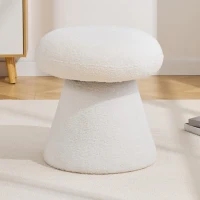Cozy Teddy Fabric Mushroom Ottoman with 360-Degree Swivel, Versatile Shoe-Changing Stool for Bedroom Living Room, 16'' L x 16"W x 17.5" H, White(m-1)