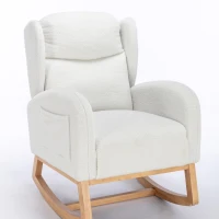Elegant Teddy Fabric Rocking Chair with Ergonomic Backrest and Plush Filling, Accent Chair with Wooden Legs, 38'' L x 28" W x 40" H, Ivory(m-2)