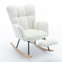 Plush Teddy Fabric Rocking Chair with Adjustable Footstool, Ergonomic Nursery Chair for Living Room Bedroom, 37-49'' L x 26"W x 35-36" H, Ivory(m-14)