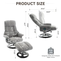 Ergonomic Recliner Chair with Ottoman and Massage, Cozy Swivel Lounge Chair with Heated Seat and 140° Recline, 32'' L x 33" W x 43.5" H, Grey(m-3)