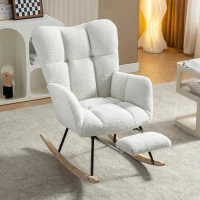 Plush Teddy Fabric Rocking Chair with Adjustable Footstool, Ergonomic Nursery Chair for Living Room Bedroom, 37-49'' L x 26"W x 35-36" H, Ivory(m-4)