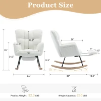 Plush Teddy Fabric Rocking Chair with Adjustable Footstool, Ergonomic Nursery Chair for Living Room Bedroom, 37-49'' L x 26"W x 35-36" H, Ivory(m-3)