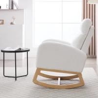 Cozy Teddy Fabric Rocking Chair with Adjustable Footstool, Ergonomic Nursery Chair for Living Room, 35-49'' L x 27.5"W x 40-41.5" H, White(m-12)