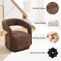 Elegant Swivel Accent Armchair with Curved Backrest, Soft Chenille Barrel Chair with 360° Rotation, Foam Seat, 27.5'' L x 25.5" W x 29" H, Brown(m-6)