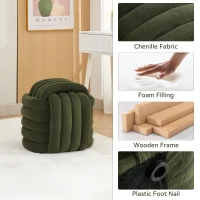 Cozy Modern Knot Design Ottoman with Soft Chenille and Foam Filling, Chic Makeup Stool with No Assembly, 19.5'' L x 19.5" W x 17.5" H, Green(m-5)