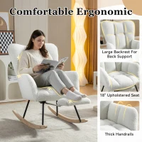 Plush Teddy Fabric Rocking Chair with Adjustable Footstool, Ergonomic Nursery Chair for Living Room Bedroom, 37-49'' L x 26"W x 35-36" H, Ivory(m-7)