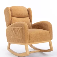 Elegant Teddy Fabric Rocking Chair with Ergonomic Backrest, Modern Lounge Chair with Wooden Frame and Legs, 38'' L x 28" W x 40" H, Khaki(m-14)