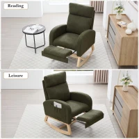 Plush Teddy Fabric Rocking Chair with Adjustable Footstool, Ergonomic Nursery Chair for Living Room, 35-49'' L x 27.5"W x 40-41.5" H, Green(m-9)