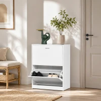 HOMCOM Shoe Cabinet with 2 Flip Drawers, Narrow Shoe Storage Cabinet with Adjustable Shelves for Entryway, Hallway, White(m-9)