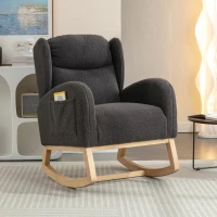 Elegant Teddy Fabric Rocking Chair with Ergonomic Backrest and Plush Filling, Accent Chair with Wooden Legs, 38'' L x 28" W x 40" H, Dark Gray(m-1)