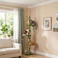 PawHut 4-Tier Floor to Ceiling Cat Tree, Height(80-95Inches)Adjustable, Tall Cat Tower w/ Anti-Slip Kit, Leaves, Multi-Layer Activity Centre w/ Scratching Post(m-1)