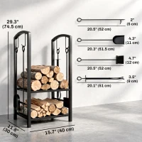 Outsunny 2-Tier Firewood Log Rack with 4 Tools, Fireplace Wood Storage Holder with Shovel, Broom, Poker, Tongs and Hooks, Black(m-3)