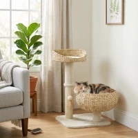 PawHut 28" Elevated Cat Bed with Sisal Scratching Post for Indoor Kitties, Modern Cat Tree with Cute Basket Design, Small Cat Tree with Fun Ball Toy(m-7)