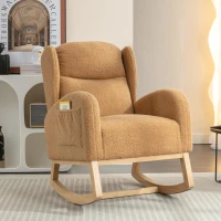 Elegant Teddy Fabric Rocking Chair with Ergonomic Backrest, Modern Lounge Chair with Wooden Frame and Legs, 38'' L x 28" W x 40" H, Khaki(m-4)