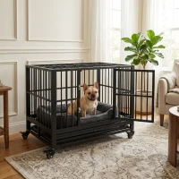 PawHut 36" Heavy Duty Dog Crate Metal Cage Kennel with Lockable Wheels, Double Door and Removable Tray, Gray(m-9)