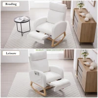 Cozy Teddy Fabric Rocking Chair with Adjustable Footstool, Ergonomic Nursery Chair for Living Room, 35-49'' L x 27.5"W x 40-41.5" H, White(m-9)