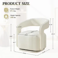 Cozy Chenille Swivel Accent Armchair with Curved Backrest, Stylish Barrel Leisure Chair for Living Room Study, 27.5'' L x 25.5"W x 29" H, White(m-3)