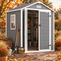 Outsunny 6 x 4.5 ft Plastic Garden Storage Shed, Lockable Double-Door Tool Shed with Window & Vent, Grey(m-8)