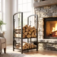 Outsunny 2-Tier Firewood Log Rack with 4 Tools, Fireplace Wood Storage Holder with Shovel, Broom, Poker, Tongs and Hooks, Black(m-8)
