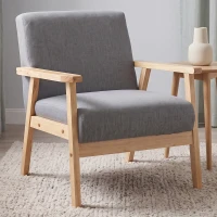HOMCOM Minimalistic Accent Chairs Wood Frame w/ Thick Linen Cushions Wide Seat Armchair for Bedroom Office, Grey(m-1)