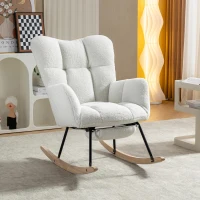 Plush Teddy Fabric Rocking Chair with Adjustable Footstool, Ergonomic Nursery Chair for Living Room Bedroom, 37-49'' L x 26"W x 35-36" H, Ivory(m-1)