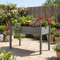 Outsunny 48" Raised Garden Bed, Elevated Wooden Planter Box with Holes for Vegetables, Herb, Flowers for Backyard, Dark Gray(m-9)