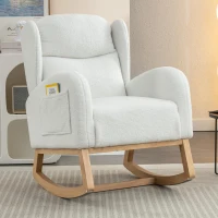 Elegant Teddy Fabric Rocking Chair with Ergonomic Backrest and Plush Filling, Accent Chair with Wooden Legs, 38'' L x 28" W x 40" H, Ivory(m-1)
