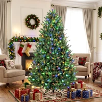 HOMCOM 7.5ft Prelit Christmas Tree, Colorado Blue Spruce, Easy Plug, Hinged Xmas Tree with Warm White & Multi-Colour LEDs(m-8)
