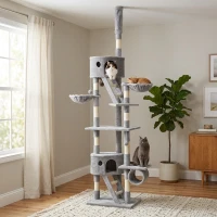 PawHut Cat Tree, 94.5"-102.5" Adjustable Floor-to-Ceiling Tower with Scratching Posts and Hammocks, Gray(m-10)