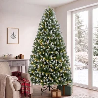 HOMCOM 7.5ft Pre-lit Artificial Christmas Tree White-Tipped Hinged Full Xmas Tree with 1378 Tips(m-10)