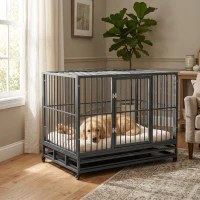 PawHut 43" Heavy Duty Dog Crate for Large Dogs with Double Doors, Removable Tray and Lockable Wheels, Grey(m-10)