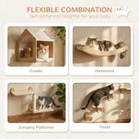 PawHut 8PCs Cat Wall Shelves Pet Wall-mounted Climbing Shelf Set with Cushion Condo Scratching Posts Hammock Oak(m-5)