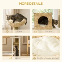 PawHut Cattail Weave Cat Tree for Indoor Cats Kitty Tower with Rattan Cat Condo, Wicker Bed, Ladder, Washable Cushions, 22.5" x 14.5" x 39.5", Natural(m-5)