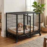 PawHut Heavy-Duty Dog Crate, 36-Inch with Removable Cleaning Tray and Lockable Wheels, Black(m-5)