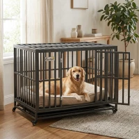 PawHut 44.75" Heavy Duty Dog Crate for Large Dogs with Double Doors, Removable Tray and Lockable Wheels, Black(m-2)