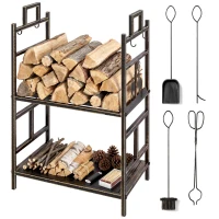 Outsunny 20.25" x 13" x 30.25" 2-Layer Heavy Duty Firewood Rack Wood Log Fireplace Stacker  w/ 4 Tools, Black and Gold(m-11)