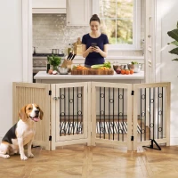 PawHut reestanding Dog Gate, Wooden Foldable Pet Gate with 4 Panels, Walk-Through Door, Support Feet, Non-Slip Mats(m-1)