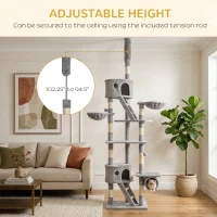 PawHut Cat Tree, 94.5"-102.5" Adjustable Floor-to-Ceiling Tower with Scratching Posts and Hammocks, Gray(m-4)