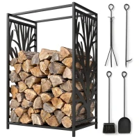 HOMCOM 18.1" x 11.8" x 27.6" Firewood Rack with 4 Tools, Log Holder for Fireplace, Outdoor Indoor Wood Storage Stacker, Black(m-11)