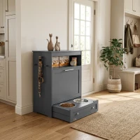 PawHut Pet Feeder Station Storage Cabinet, Dog Food Storage Container with Dog Raised Bowls, Watering Supplies, Gray(m-10)